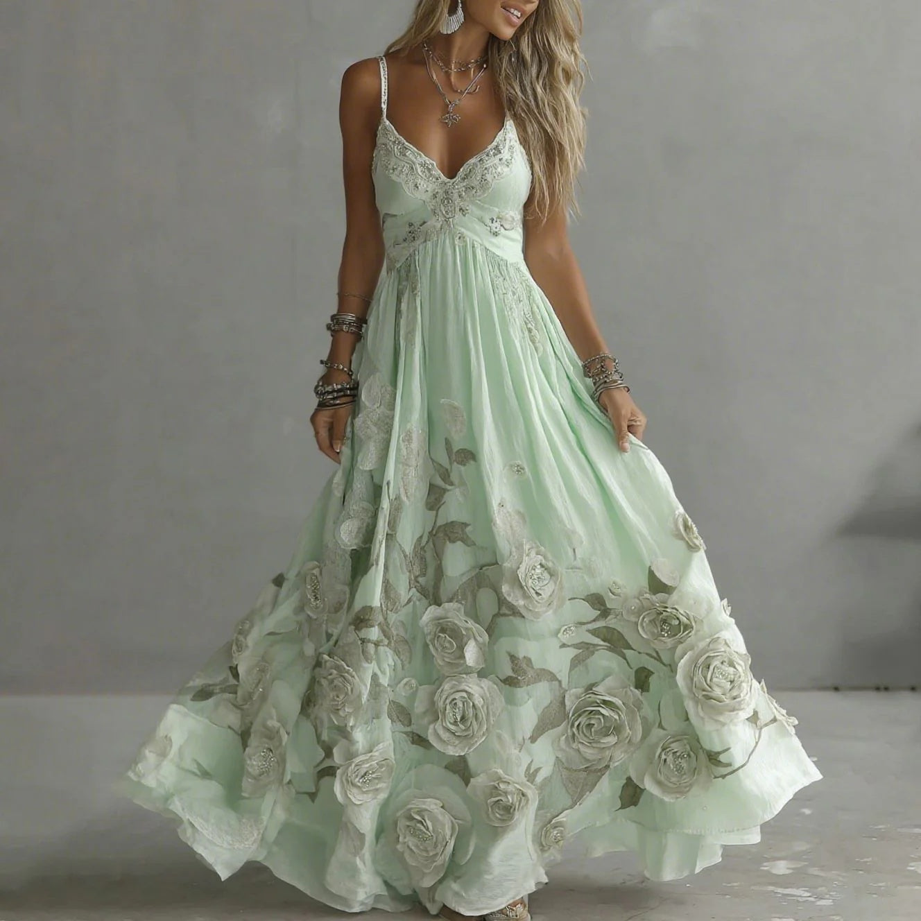 Rose Floral 3D Printing Women's Sleeveless Sexy Long Dress