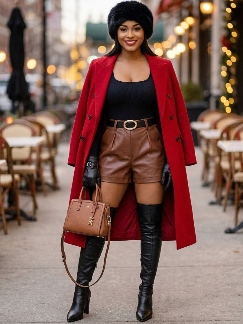 Elegant Amazon leather brown, Red, and Black Winter Outfit Ideas for Women: Christmas, Date Nights, and Cozy Chic