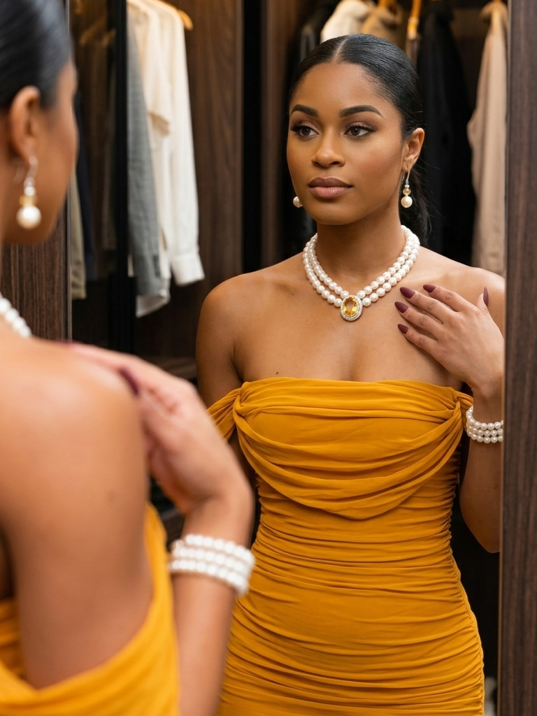 How to Style a Mustard Gold Dress With Pearl and Citrine Jewelry