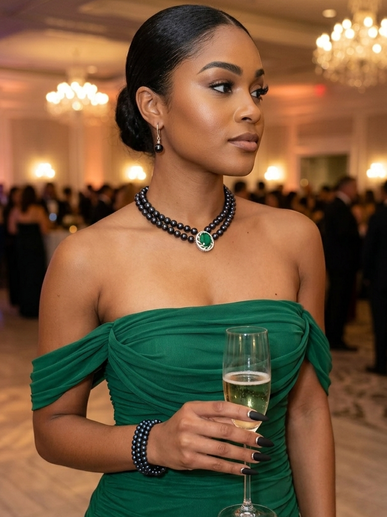 How to Style an Emerald Green Event Dress With Black Pearls