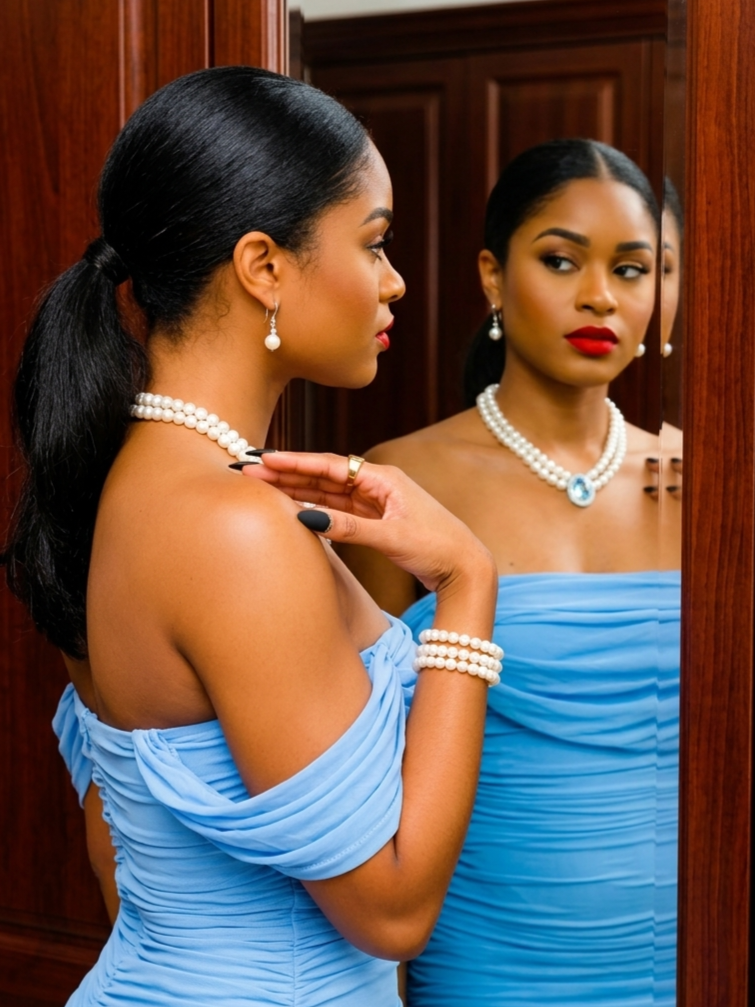 Elegant Blue Cocktail Dress With Pearl and Topaz Jewelry