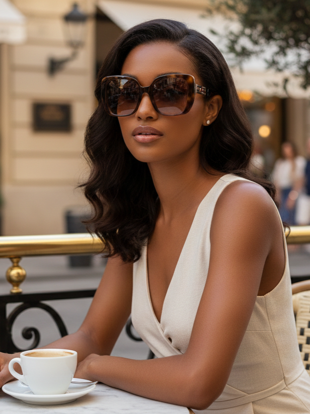 Designer-inspired women’s sunglasses including oversized, cat-eye, and aviator styles with UV protection for summer, beach, and fashion looks