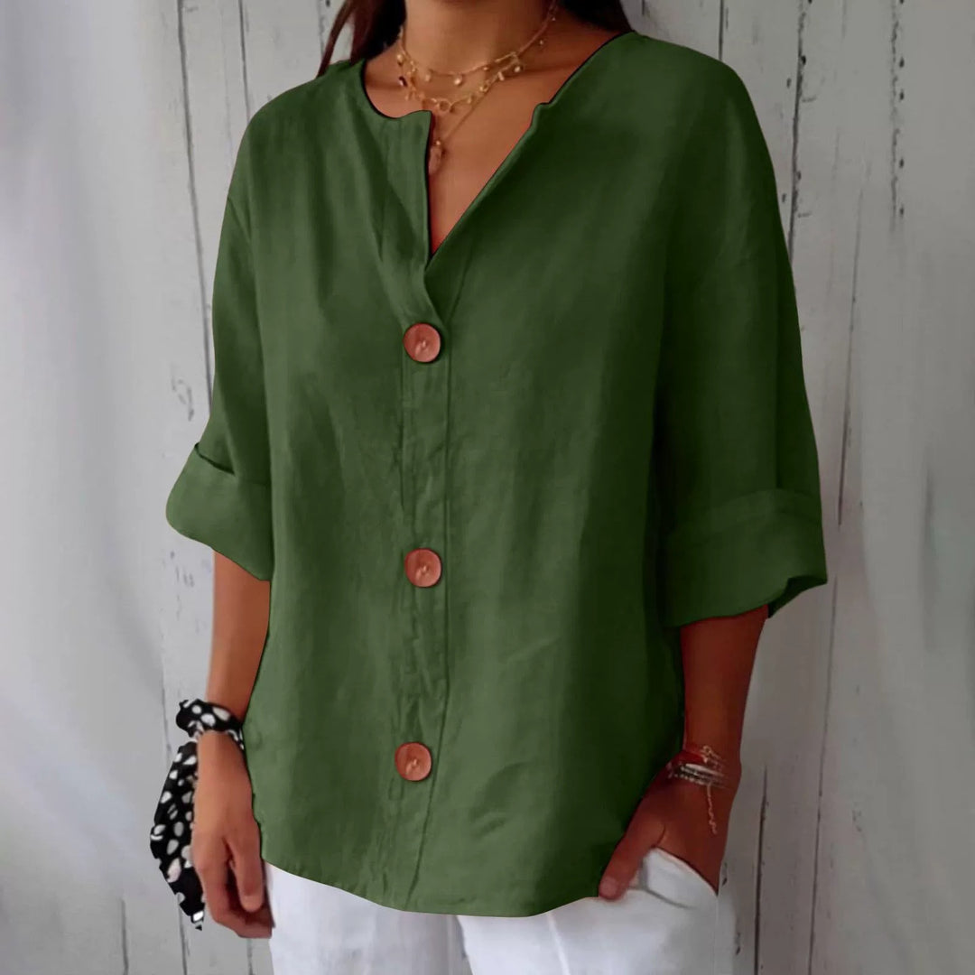Blusa cómoda de algodón y lino con cuello en V y botones