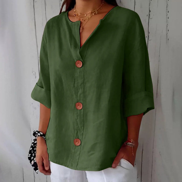 Blusa cómoda de algodón y lino con cuello en V y botones