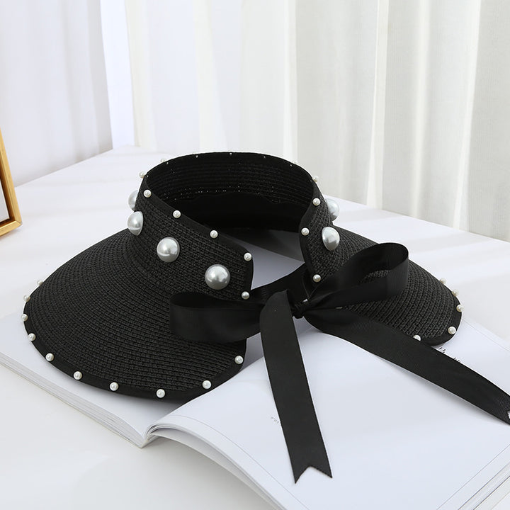 Sombrero de paja plegable con visera grande, diseño de cielo abierto y perla dulce