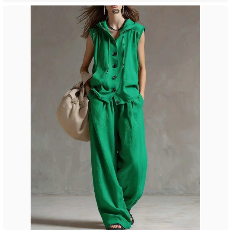 Conjunto de Top con Capucha sin Mangas Holgado Casual y Pantalones de Pierna Ancha de Talle Alto