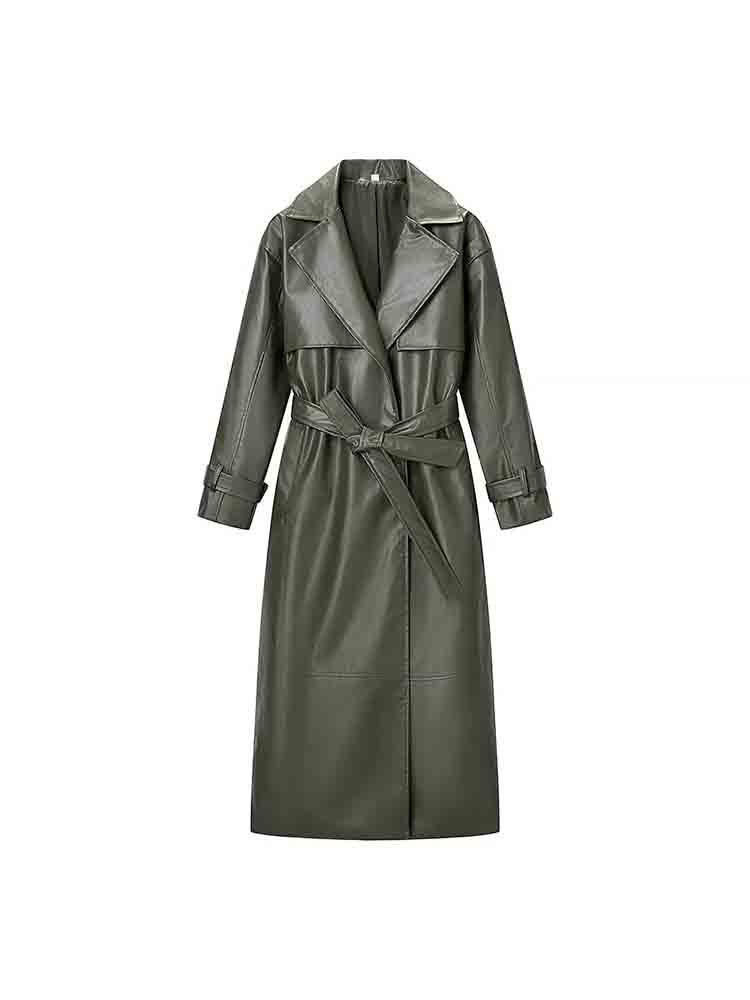 Chaqueta de cuero larga, elegante y chic para mujer