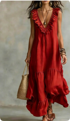 Lace-trimmed Loose-fit Casual Sleeveless Maxi Dress
