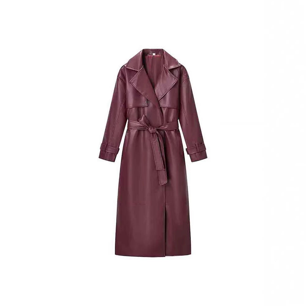 Chaqueta de cuero larga, elegante y chic para mujer