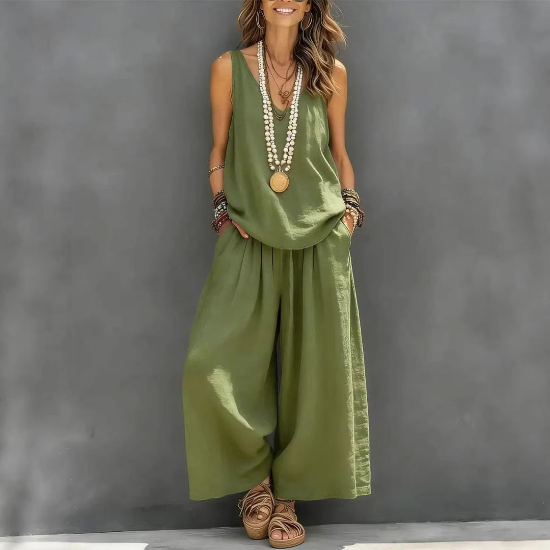 Conjunto de Blusa sin Mangas de Color Liso y Pantalones Anchos de Algodón y Lino para Mujer, para Uso Diario y Vacaciones