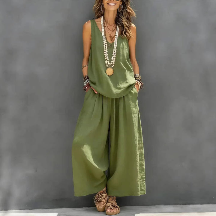 Conjunto de Blusa sin Mangas de Color Liso y Pantalones Anchos de Algodón y Lino para Mujer, para Uso Diario y Vacaciones