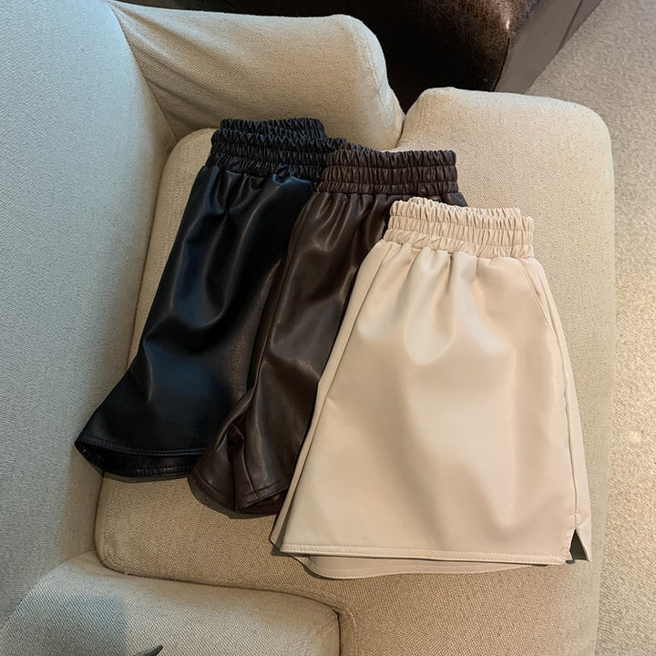 Pantalones cortos de cuero PU para mujer, cintura alta, sueltos, con abertura, informales