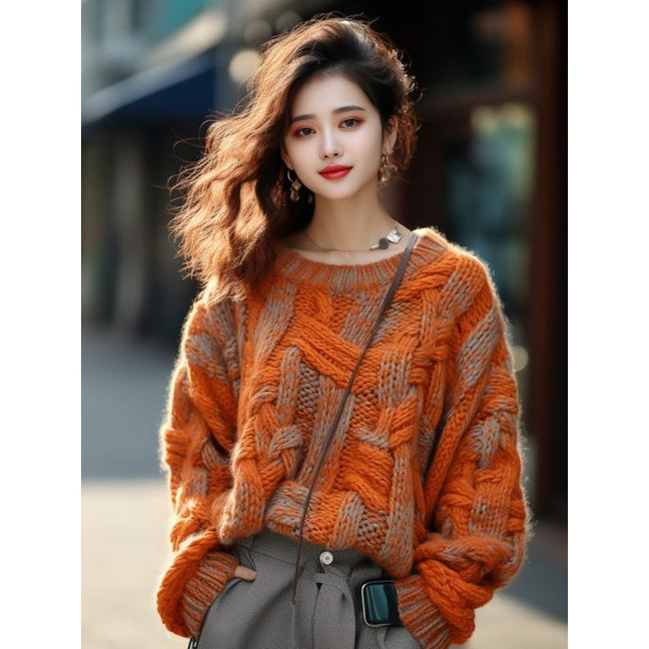Abrigo de suéter de hilo grueso estilo clásico naranja para mujer
