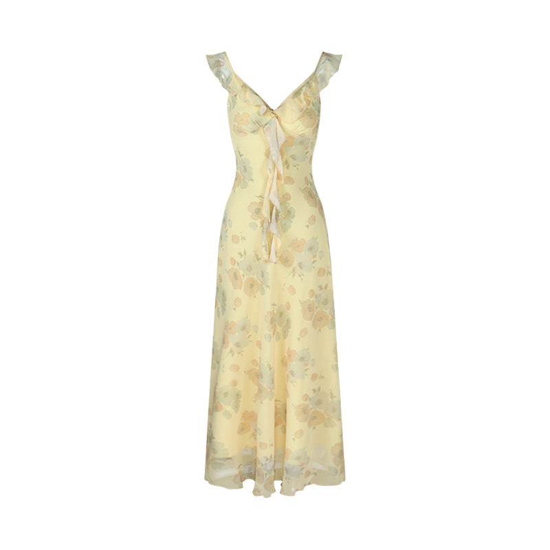 Yellow Printing Slip Dress French Ruffles