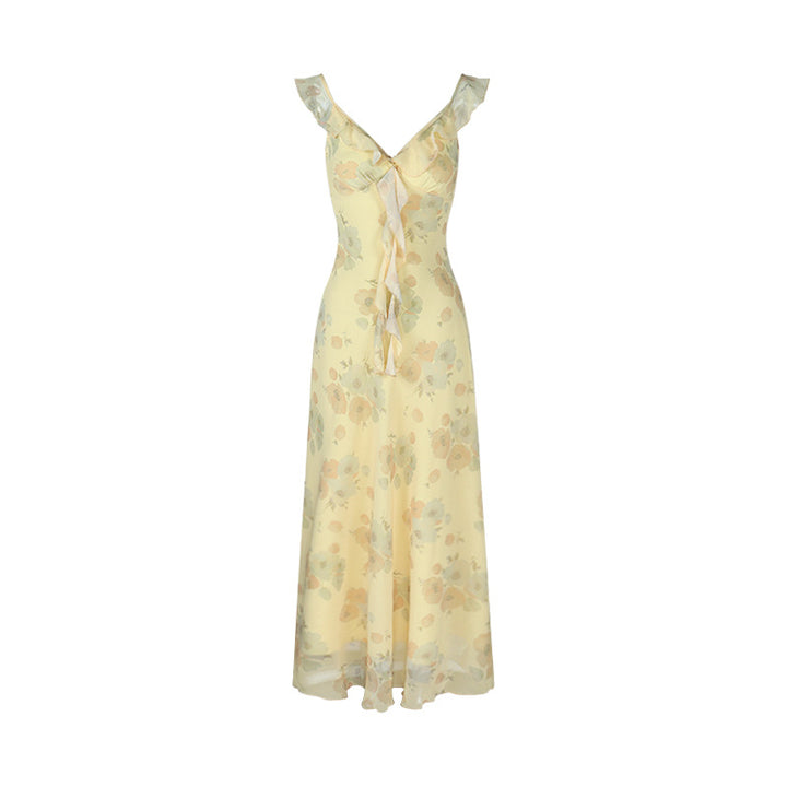 Yellow Printing Slip Dress French Ruffles