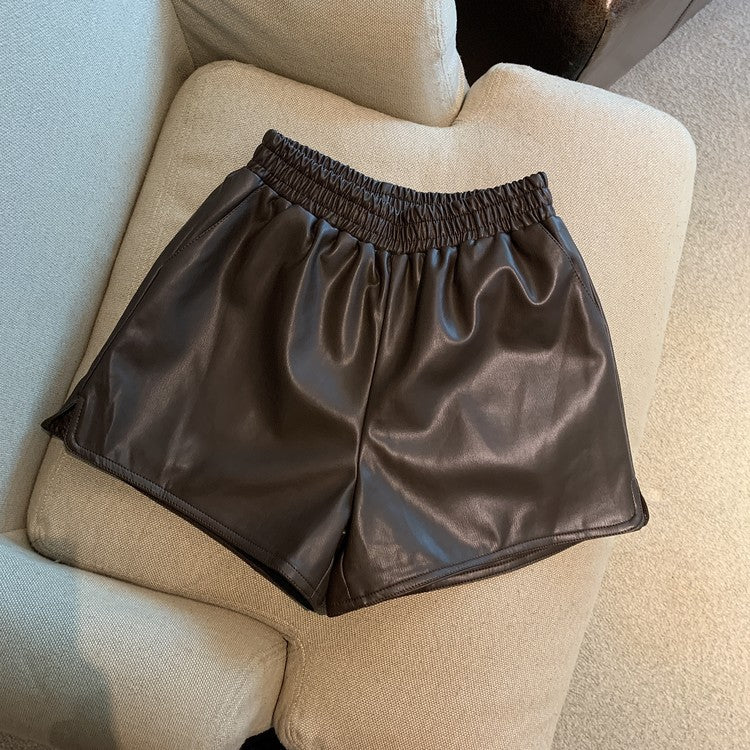 Pantalones cortos de cuero PU para mujer, cintura alta, sueltos, con abertura, informales