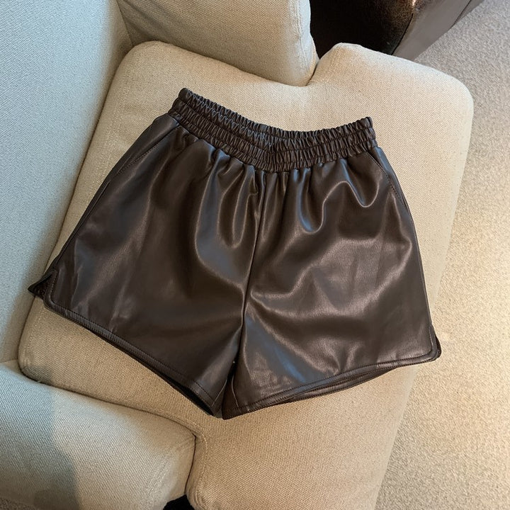 Pantalones cortos de cuero PU para mujer, cintura alta, sueltos, con abertura, informales