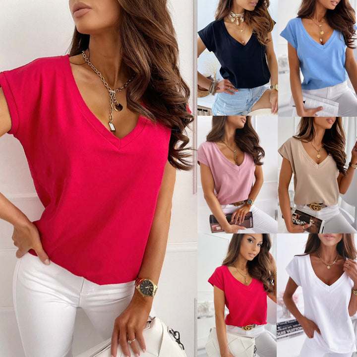 Short-sleeved V-neck Simplicity Casual Top For Women