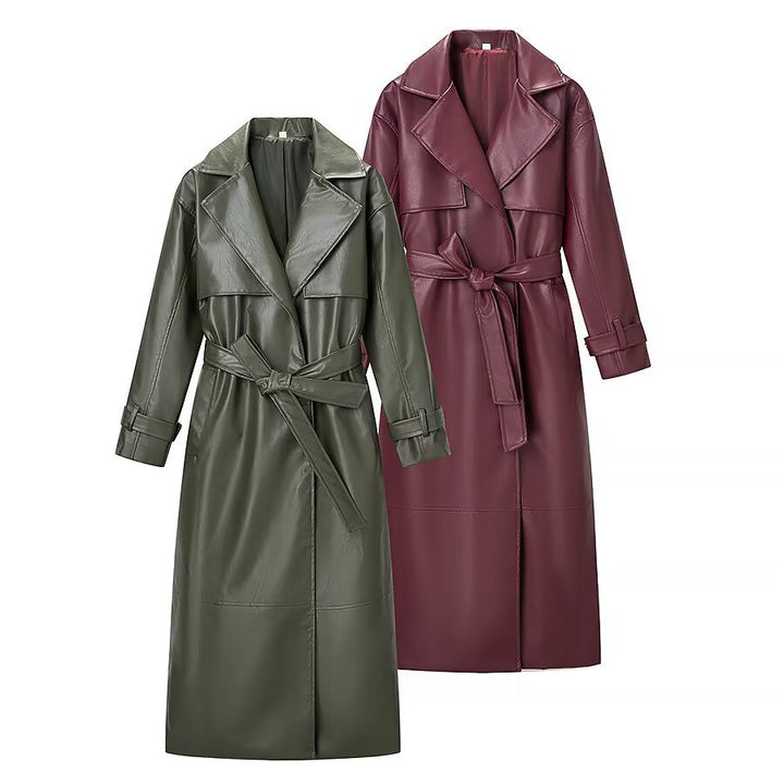 Chaqueta de cuero larga, elegante y chic para mujer