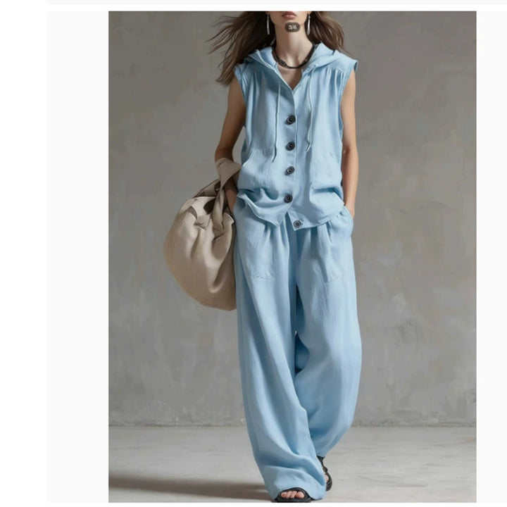 Conjunto de Top con Capucha sin Mangas Holgado Casual y Pantalones de Pierna Ancha de Talle Alto