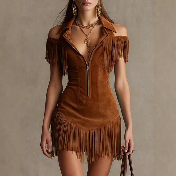 Vestido Retro de Gamuza con Borlas y Hombros Descubiertos