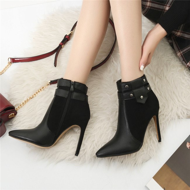 Botines de tacón alto retro y fino con hebilla y remaches, para mujer, tallas grandes, zapatos de invierno, azul, negro, rojo, tacón de aguja