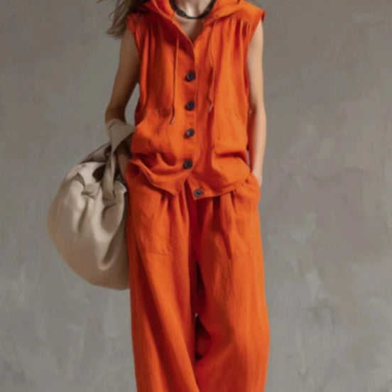 Conjunto de Top con Capucha sin Mangas Holgado Casual y Pantalones de Pierna Ancha de Talle Alto