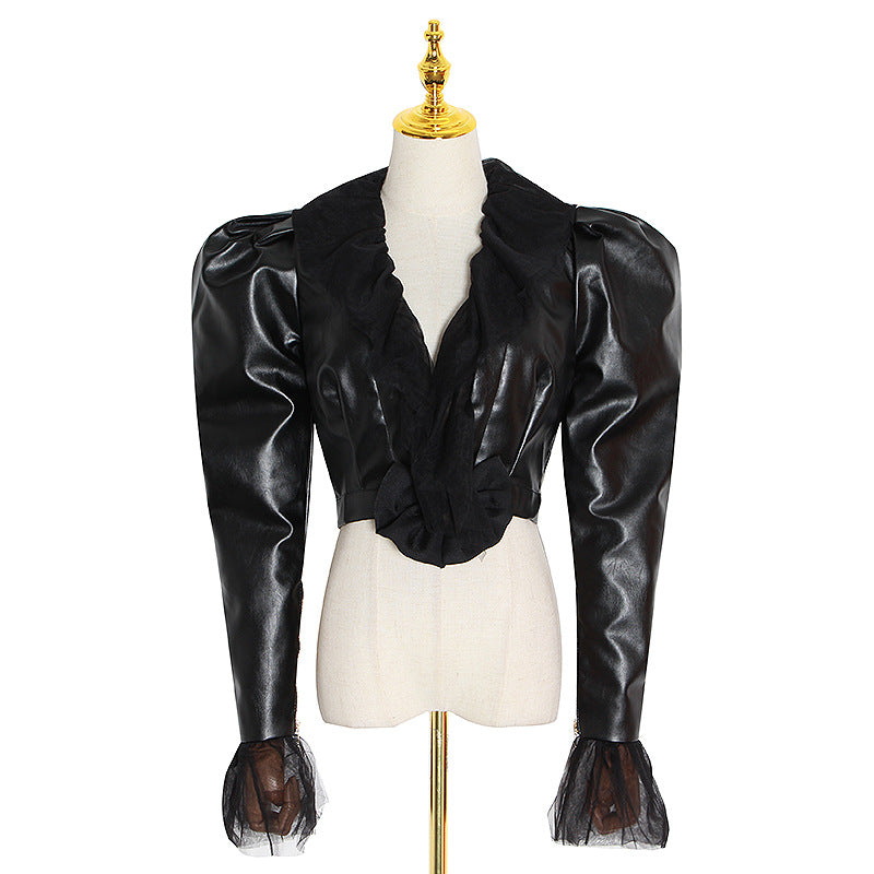 Chaqueta corta de cuero sintético negro para mujer