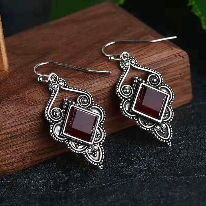 Dark Red Vintage Thai Silver Earrings