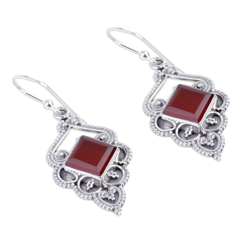 Dark Red Vintage Thai Silver Earrings