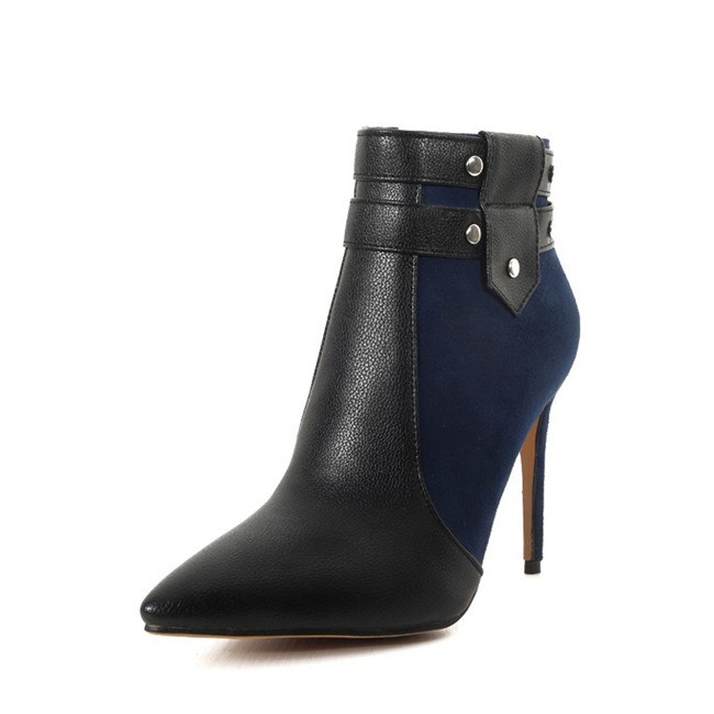 Botines de tacón alto retro y fino con hebilla y remaches, para mujer, tallas grandes, zapatos de invierno, azul, negro, rojo, tacón de aguja