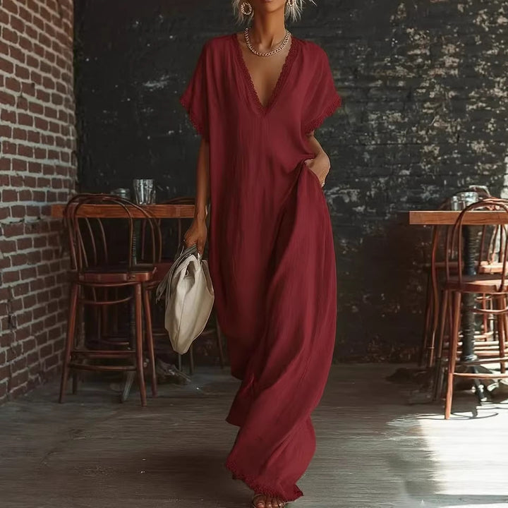 European And American Style Casual Elegant Comfortable Lace-trimmed Loose Linen Cotton Long Dress - Shop Savvy Styles