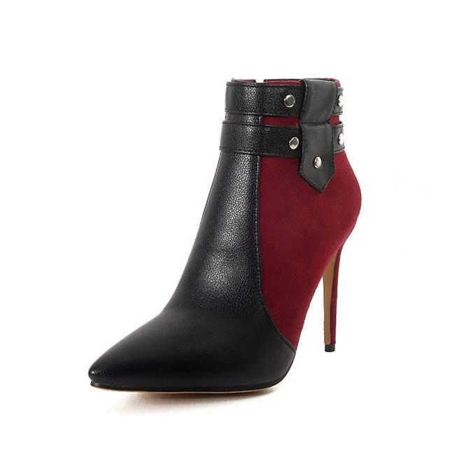 Botines de tacón alto retro y fino con hebilla y remaches, para mujer, tallas grandes, zapatos de invierno, azul, negro, rojo, tacón de aguja