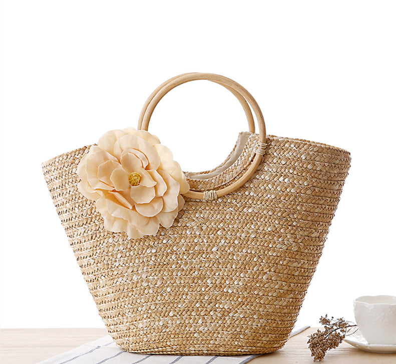 Bolso de playa de paja de moda con flor
