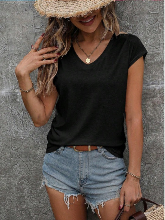 Short-sleeved V-neck Simplicity Casual Top For Women