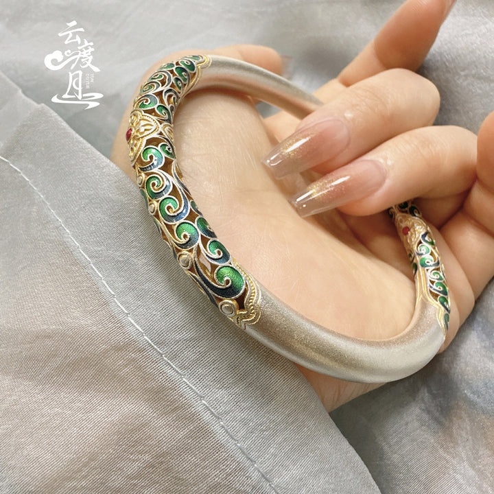 Pulsera S999 de Plata Esterlina con Esmalte, Diseño de Desplazamiento y Detalles Dorados para Mujer, Estilo Tradicional Chino, Brazalete Fijo, Joyería Versátil