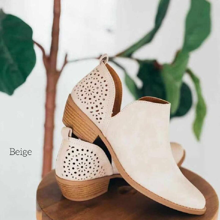 Women Shoes Retro Mesh Ankle Square Heels Boots Female Slip On Mid Heels Casual Botas