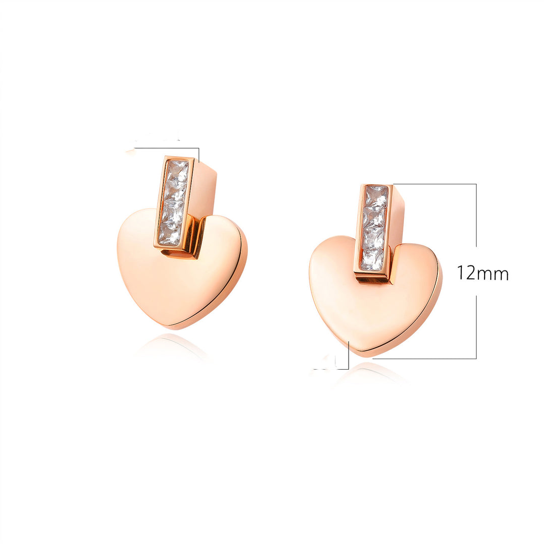 Fashion Titanium Steel Rose Gold Heart Diamond Stud Earrings