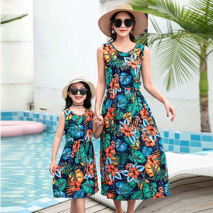 Chaleco largo de playa y falda para madre e hija
