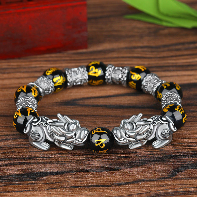 Pulsera de la suerte de plata antigua con cuentas de obsidiana