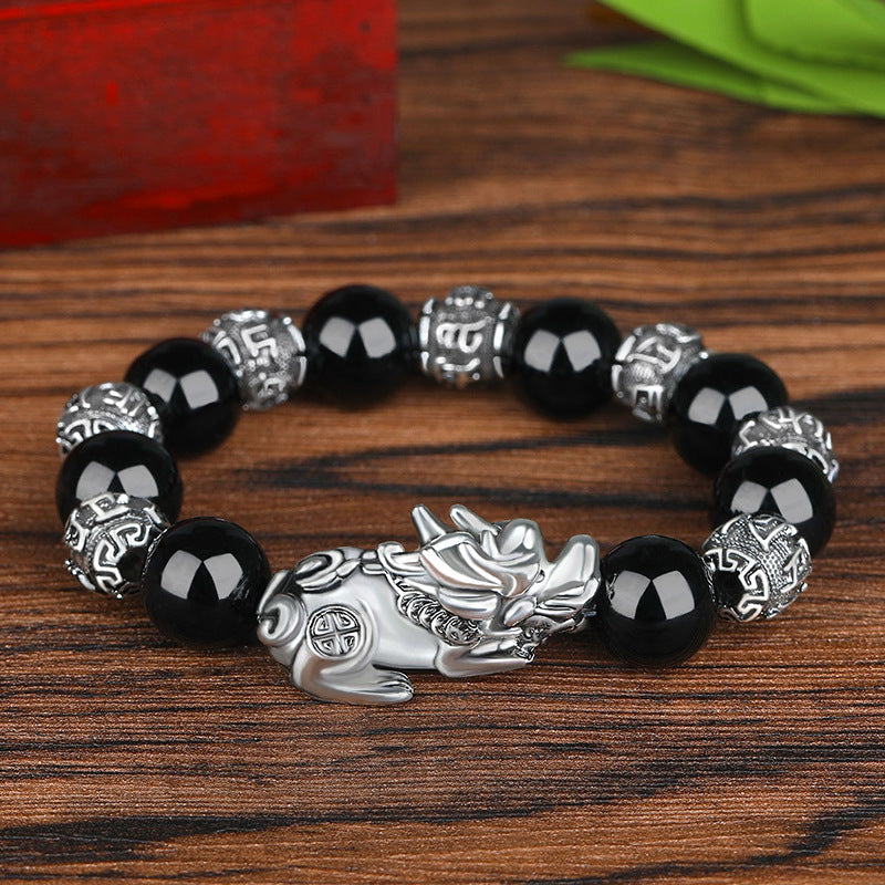 Pulsera de la suerte de plata antigua con cuentas de obsidiana