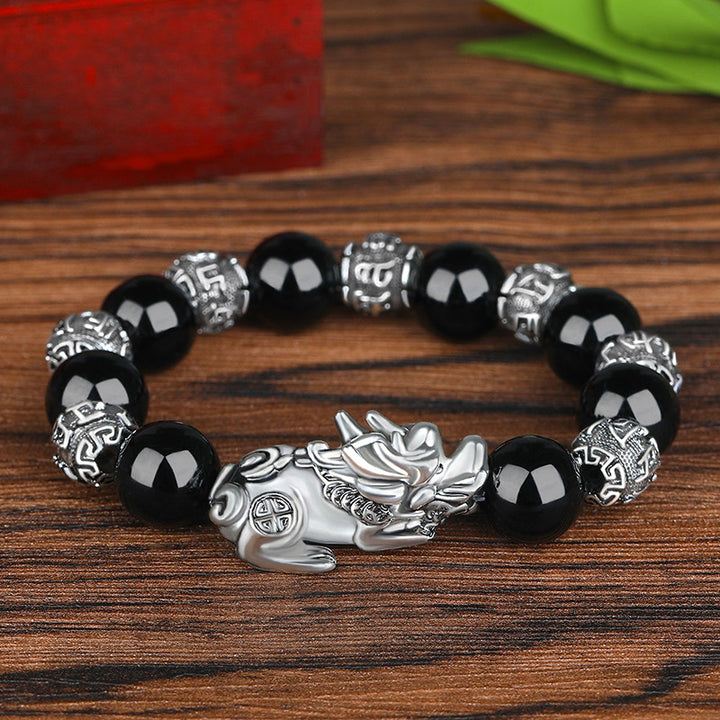 Pulsera de la suerte de plata antigua con cuentas de obsidiana
