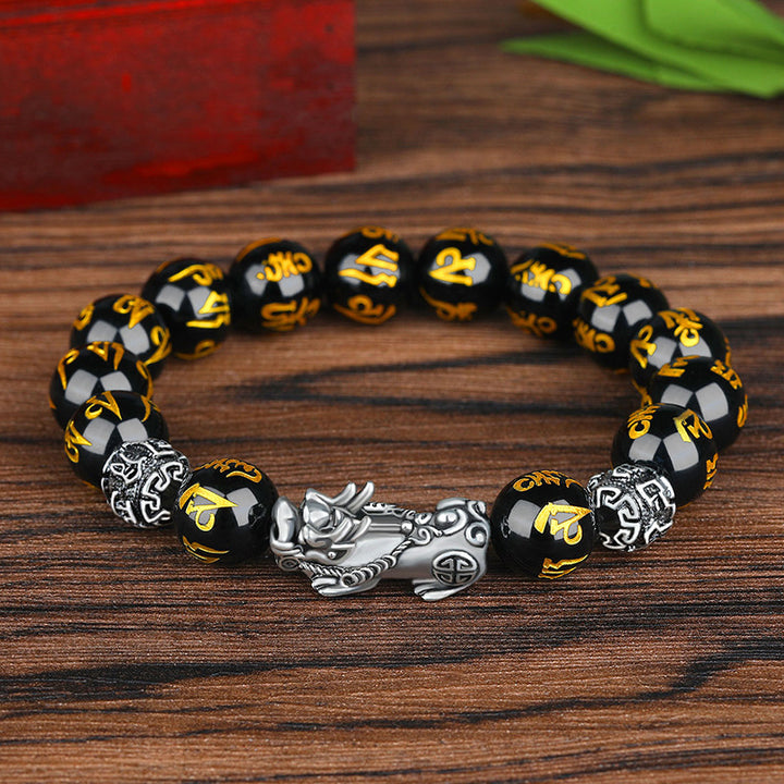 Pulsera de la suerte de plata antigua con cuentas de obsidiana
