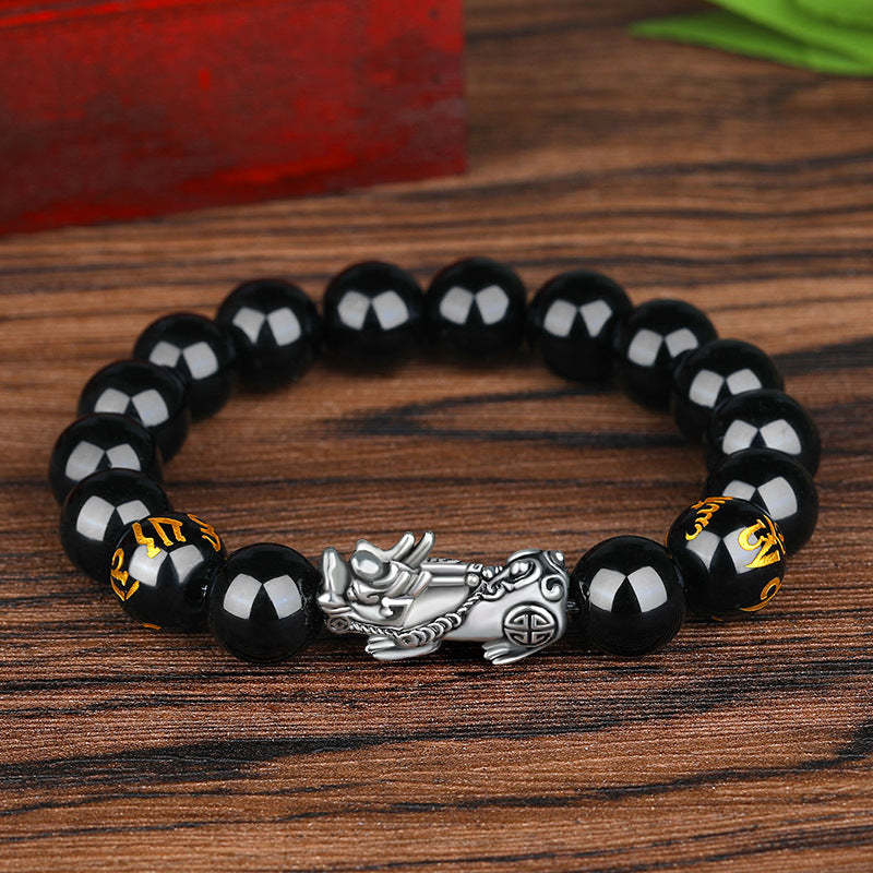 Pulsera de la suerte de plata antigua con cuentas de obsidiana