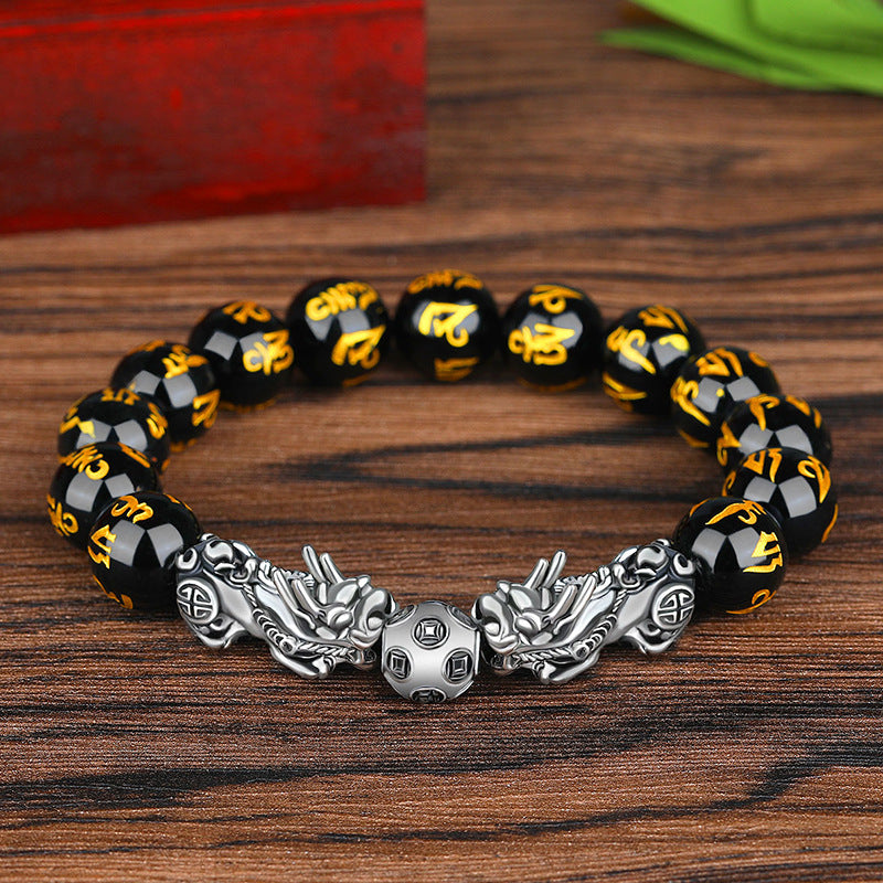 Pulsera de la suerte de plata antigua con cuentas de obsidiana