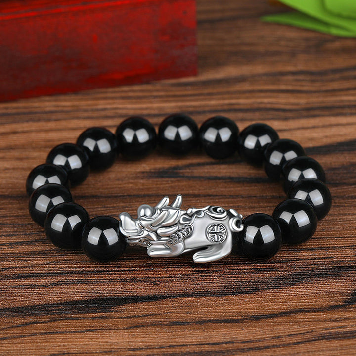 Pulsera de la suerte de plata antigua con cuentas de obsidiana