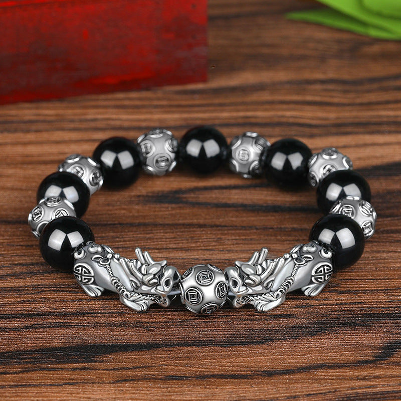 Pulsera de la suerte de plata antigua con cuentas de obsidiana