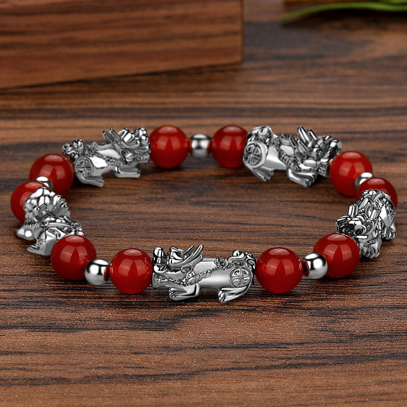 Pulsera de la suerte de plata antigua con cuentas de obsidiana