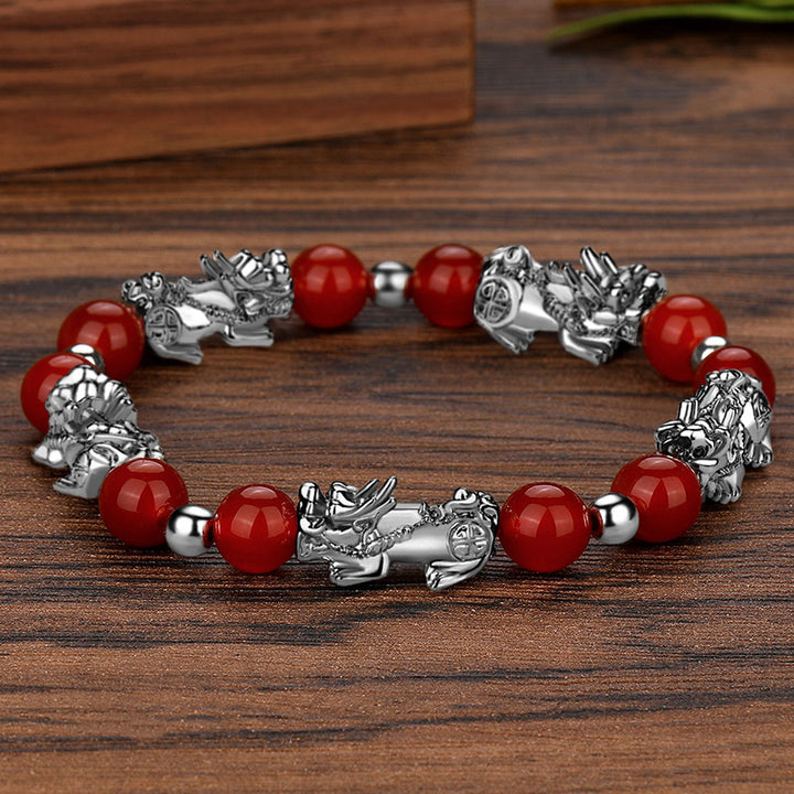 Pulsera de la suerte de plata antigua con cuentas de obsidiana
