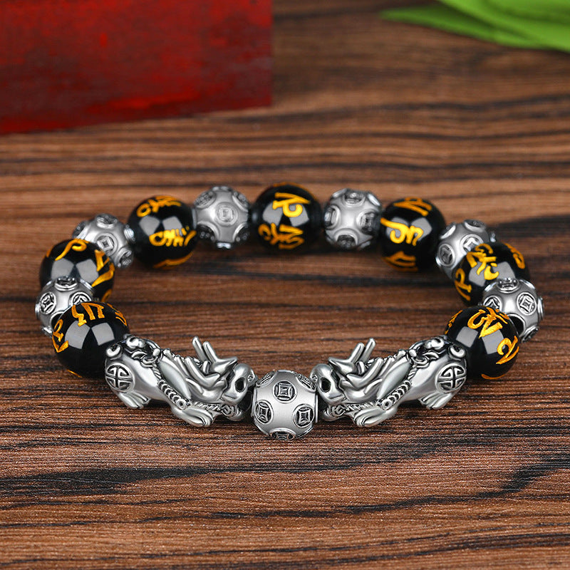 Pulsera de la suerte de plata antigua con cuentas de obsidiana